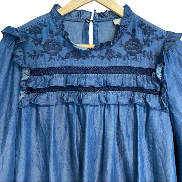 Kate Spade Chambray Embroidered Balloon Sleeve Top Size Medium - Picture 6 of 10